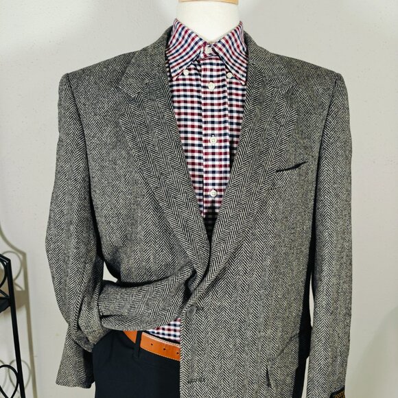 Monsieur Adolfo Men's‎ Tweed Sport Coat Blazer Two Button Gray Herringbone 46L - Picture 2 of 14